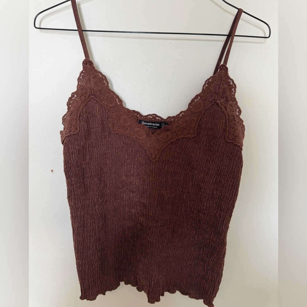 stradivarius Brown Lace-Edged Knit Cami